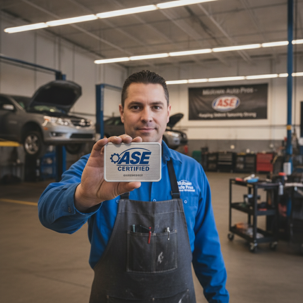 ASE certified mechanic holding certification badge in auto repair shop