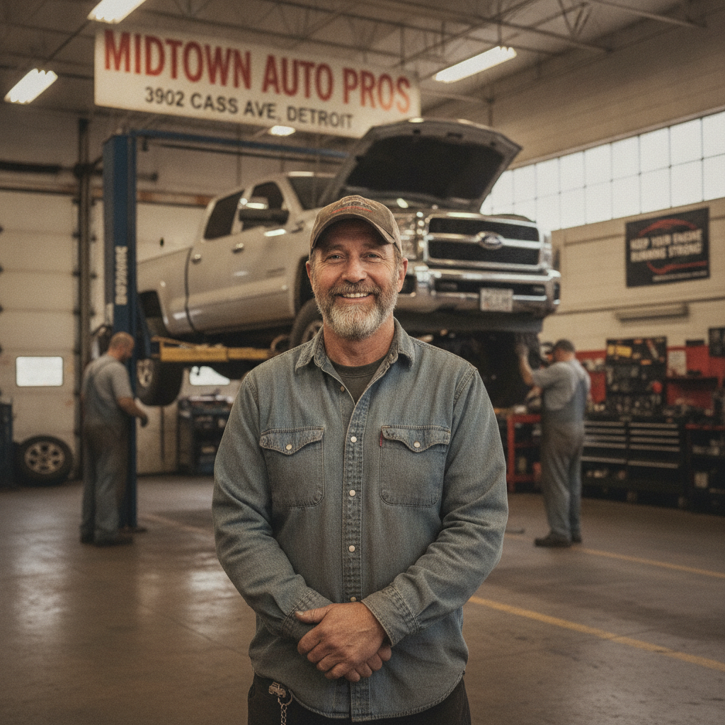 Middle aged male truck owner smiling portrait in auto repair shop