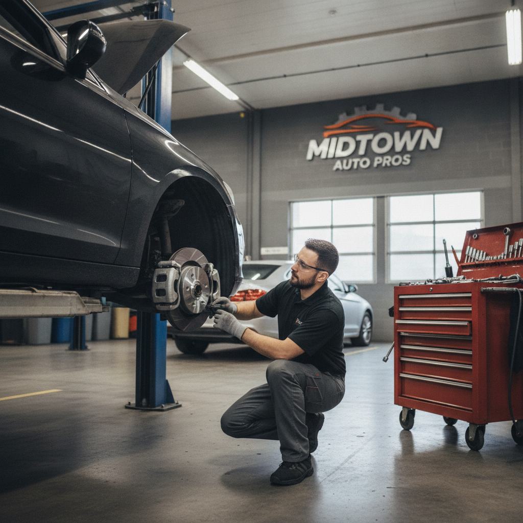 Professional mechanic replacing brake pads and rotors on a vehicle in auto repair shop