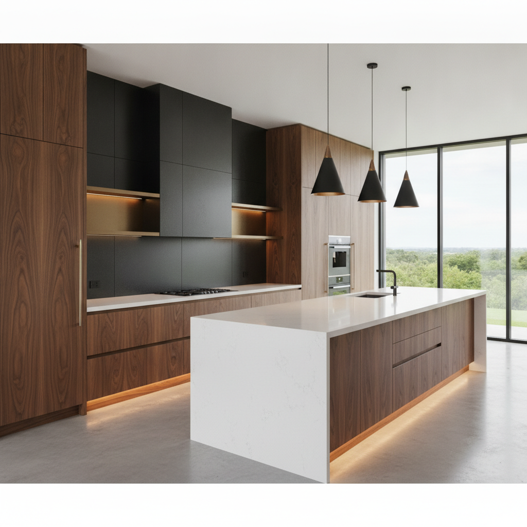 Luxury modern kitchen featuring custom walnut cabinetry, sleek minimalistic lines, and high-end architectural finishes