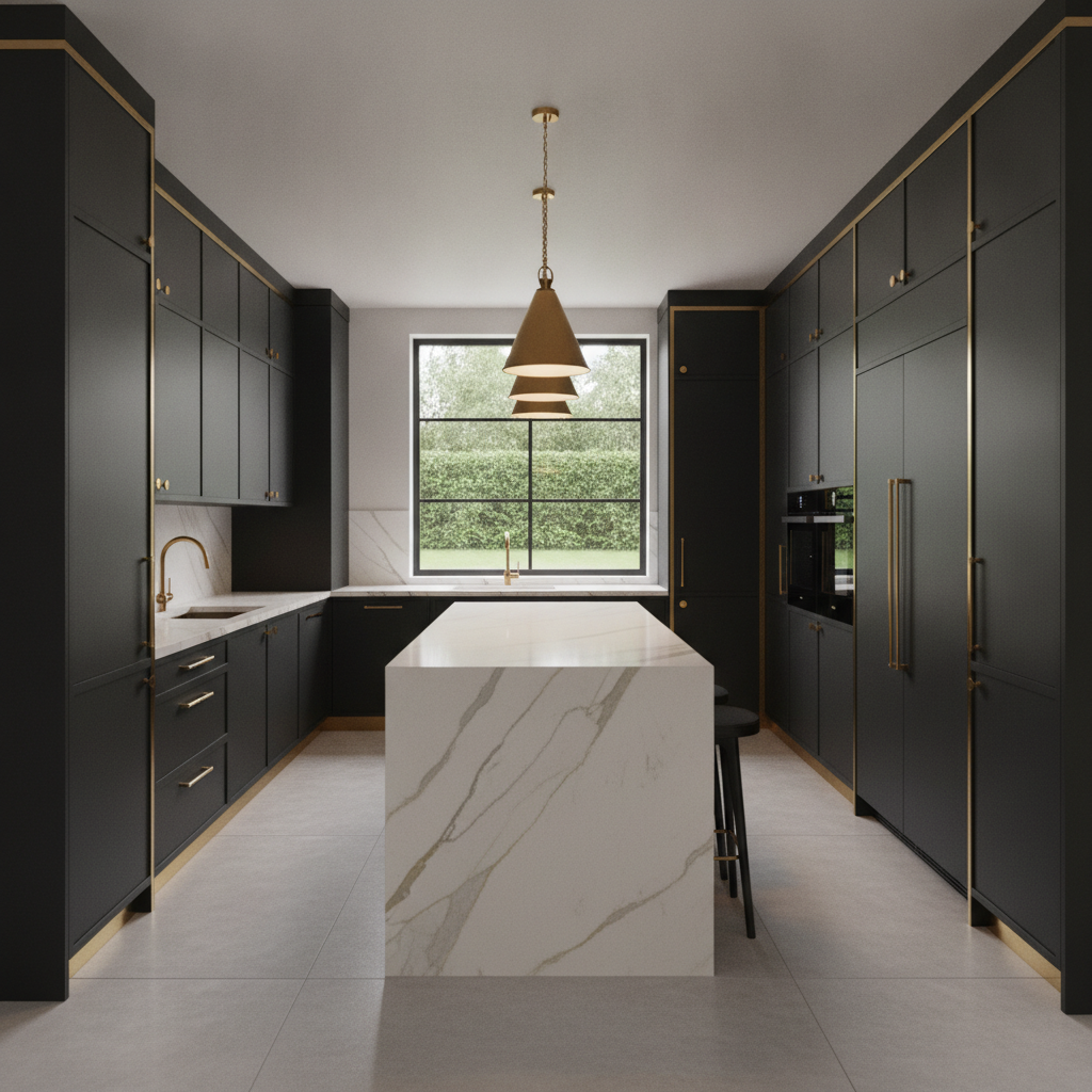 Modern matte black kitchen cabinetry with gold hardware
