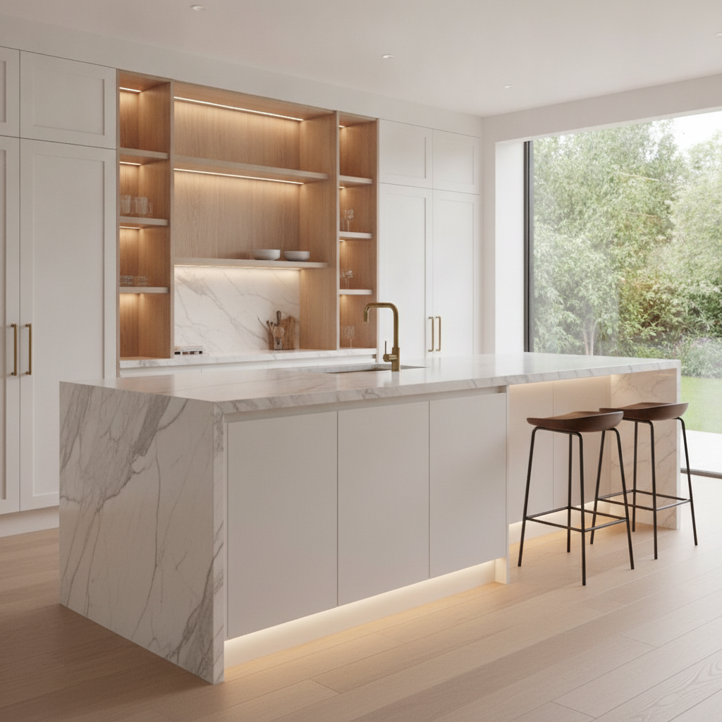 Modern white kitchen island with marble waterfall countertop and custom cabinetry