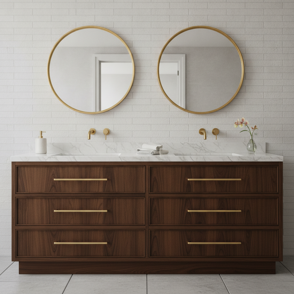 Luxury walnut wood bathroom vanity with marble top