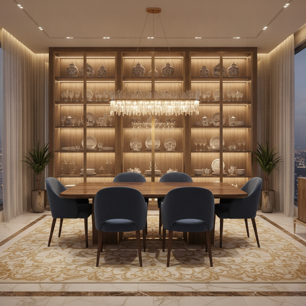 Luxury dressing room with glass front cabinetry and ambient lighting
