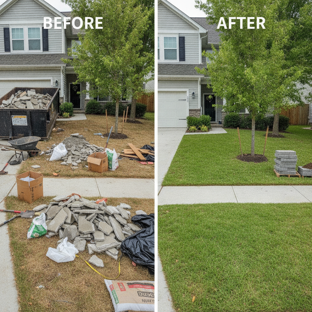 Overgrown backyard debris cleanup with old furniture and yard waste hauled away by TMAN'S Junk Removal