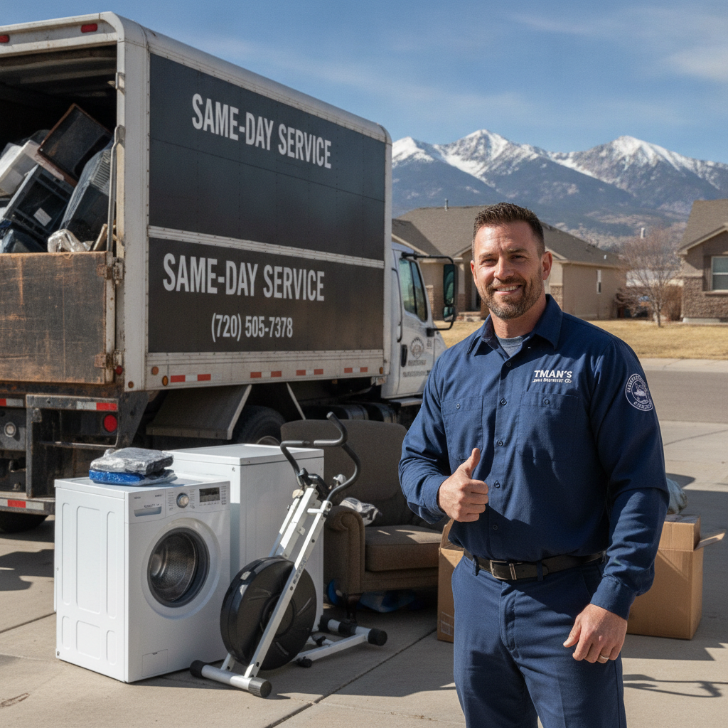 TMAN'S Junk Removal team loading debris into their truck with Colorado Rocky Mountains in the background