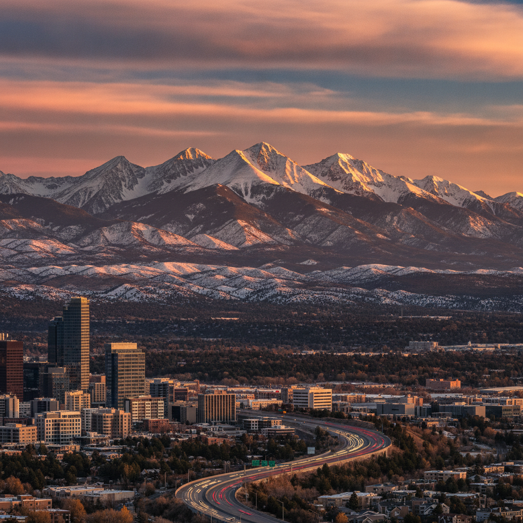 Modern black TMAN'S junk removal truck hauling debris and old furniture in front of snow-capped Colorado Rocky Mountains at golden hour
