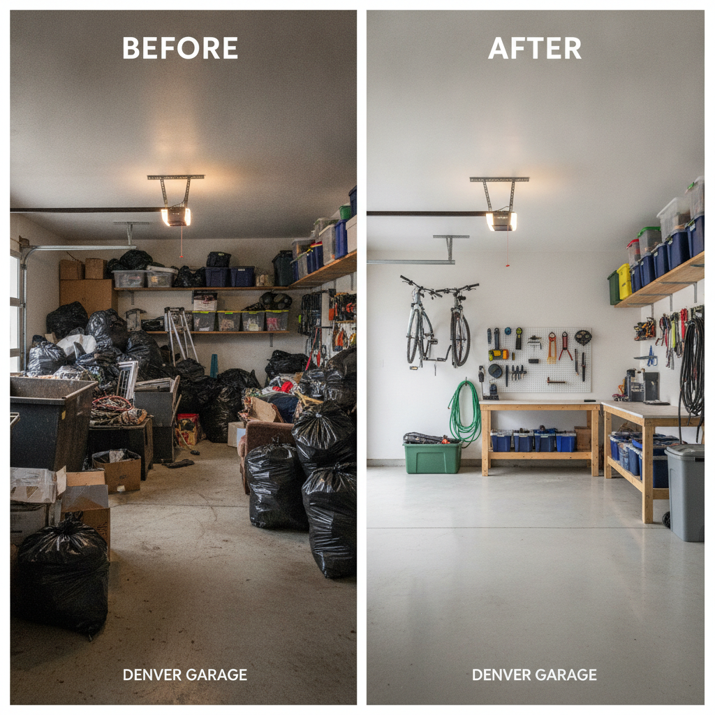 Cluttered Denver garage before and after TMAN'S junk removal cleanout showing a completely cleared space