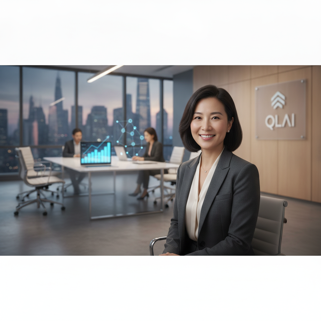 Professional portrait of Sarah Chen, CEO of QuantumLeap AI