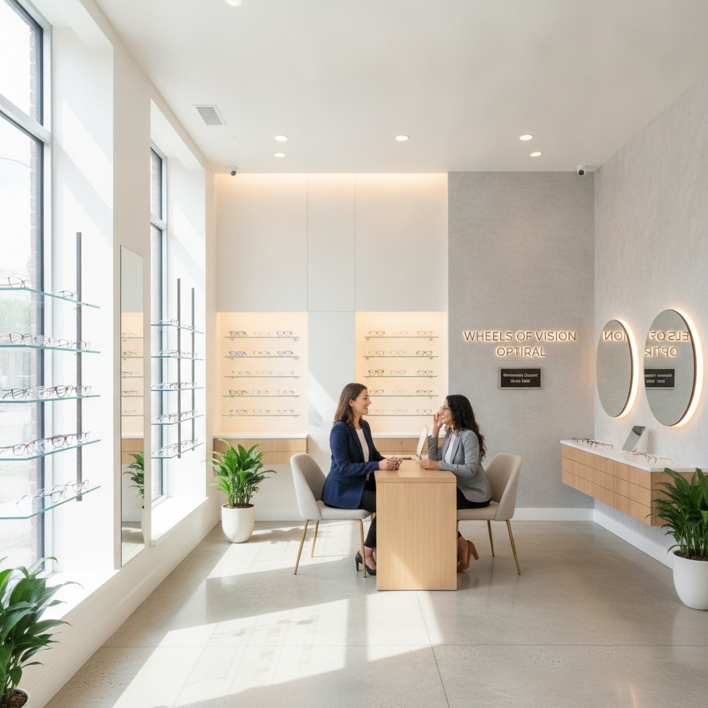 Bright, modern interior of Wheels of Vision Optical boutique with stylish eyewear displays