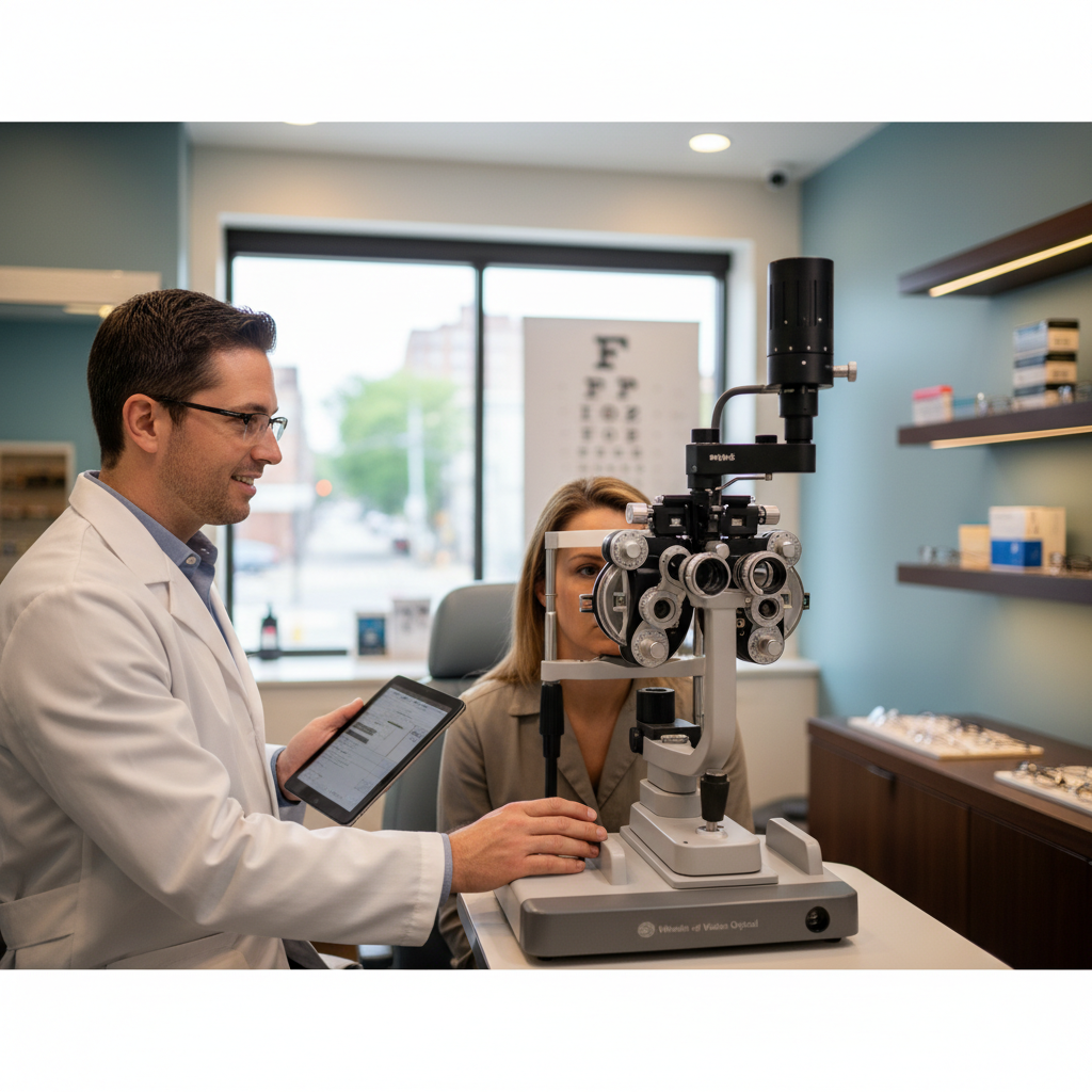 Patient looking into an advanced phoropter during a comprehensive eye exam