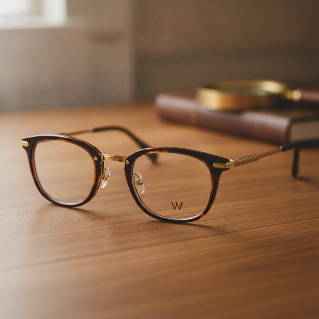 Close-up of a pair of handcrafted designer eyeglasses on a wooden surface