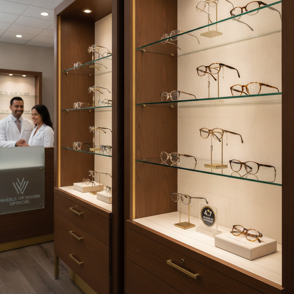 High-end designer eyewear beautifully displayed at Wheels of Vision Optical in Briarwood