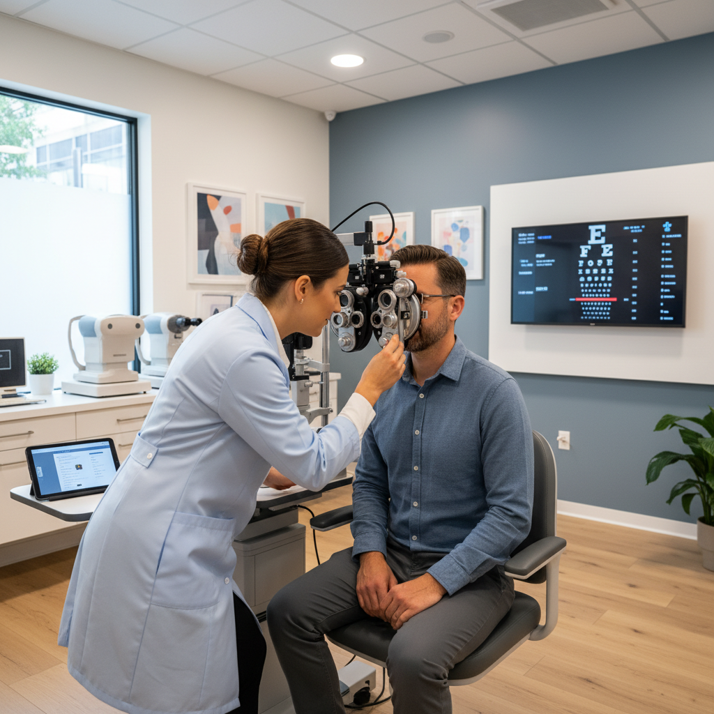 Professional optometrist conducting a thorough eye examination on a patient using a phoropter in a modern exam room