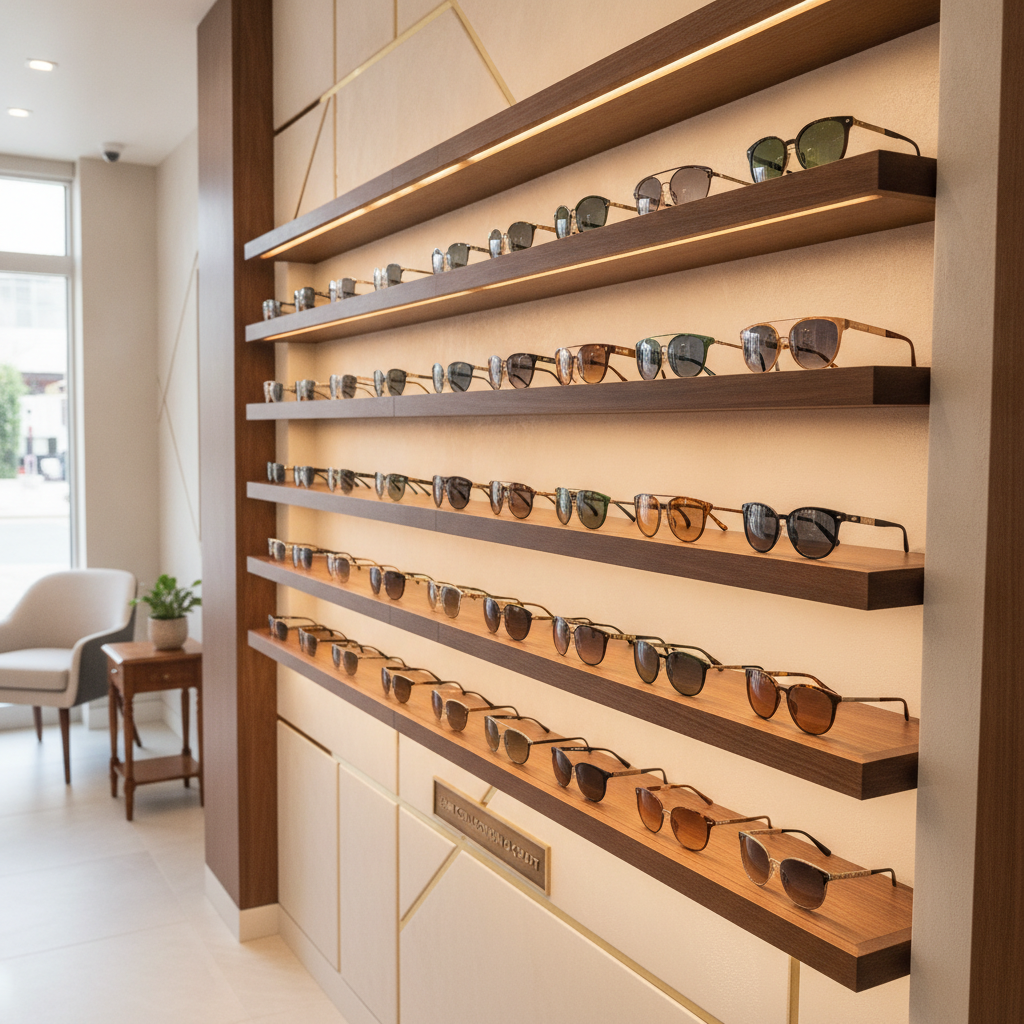A curated wall display of luxury sunglasses inside Wheels of Vision Optical