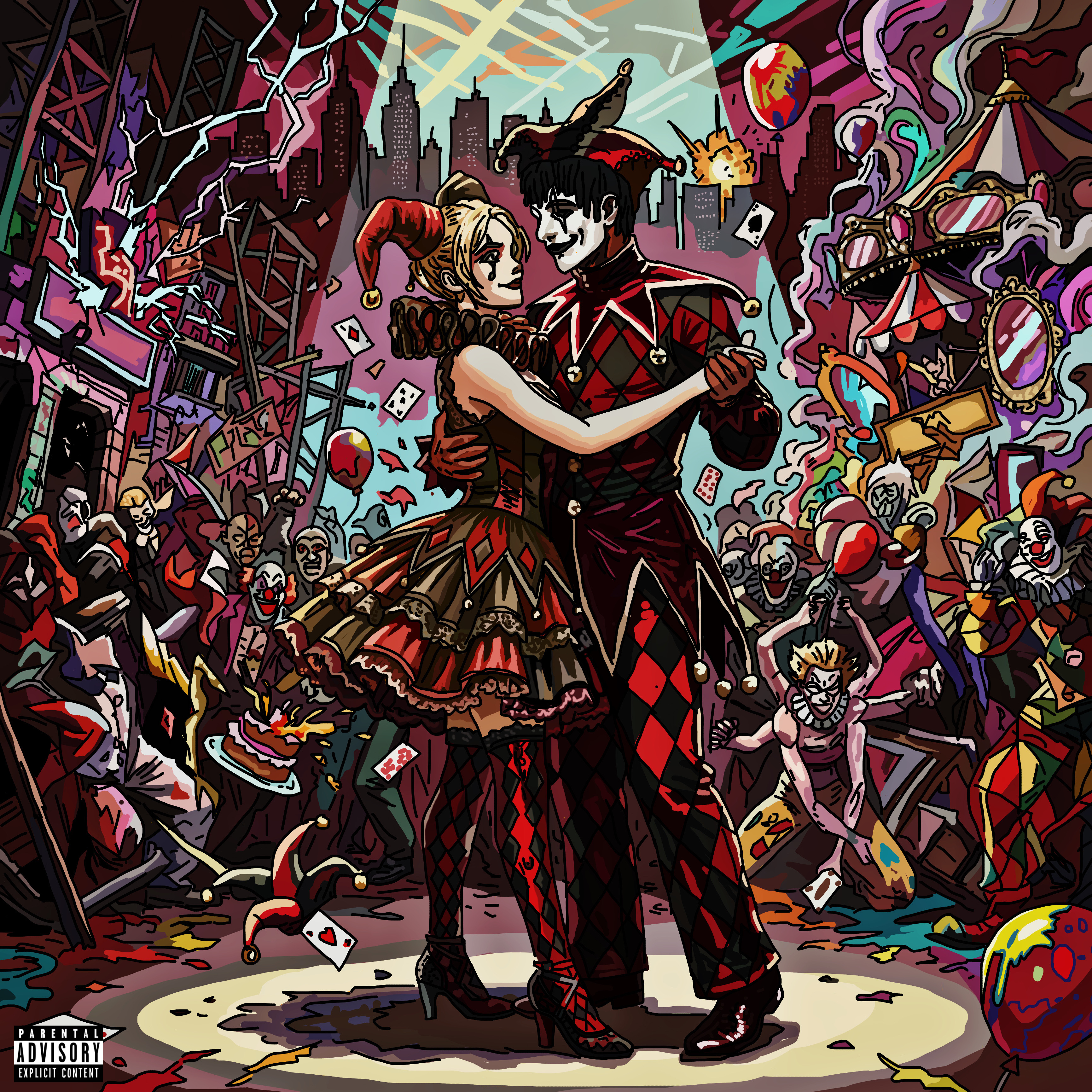 A masked jester ballroom dancing through darkness, symbolizing grace amid chaos — a solitary figure twirling under a single shaft of neon green light in an abandoned cyberpunk ballroom.