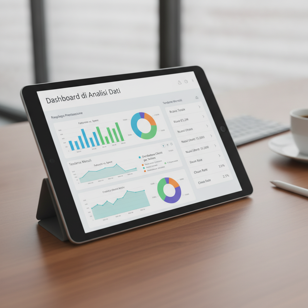 Dashboard di una piattaforma SaaS per analisi dati visualizzata su un tablet