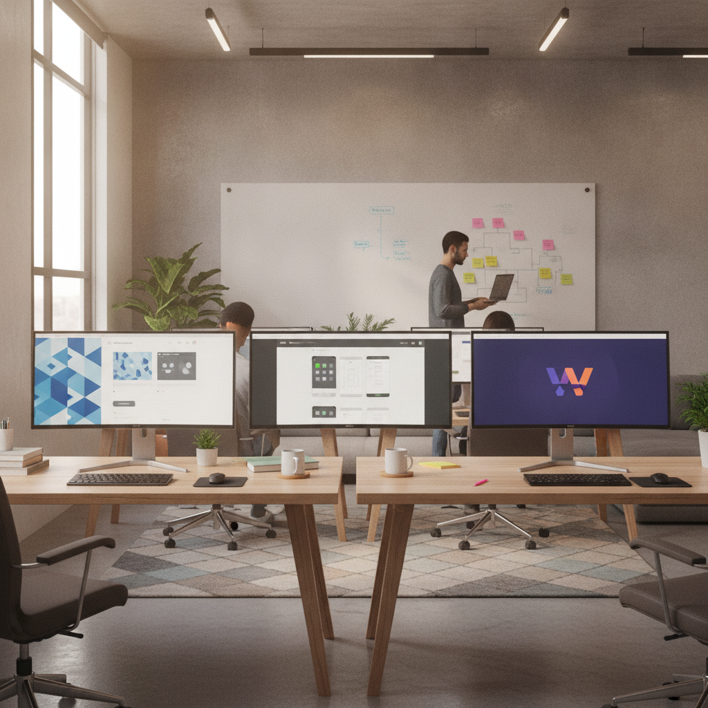 Modern web agency workspace with sleek monitors displaying digital designs