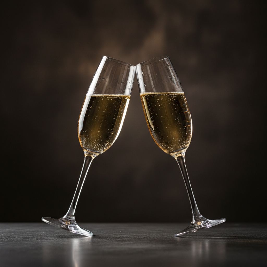 Two crystal champagne flutes clinking against a moody dark background