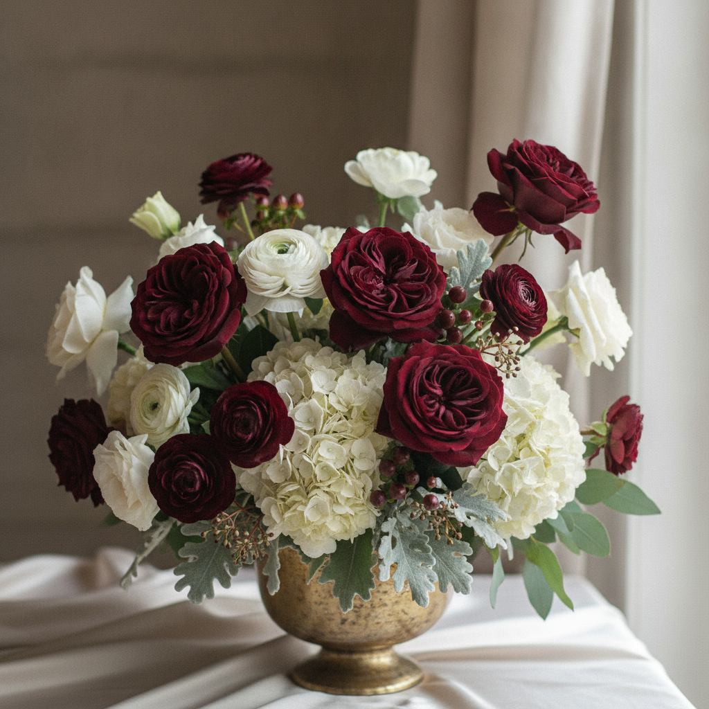 Close up of elegant dark burgundy and cream floral arrangements