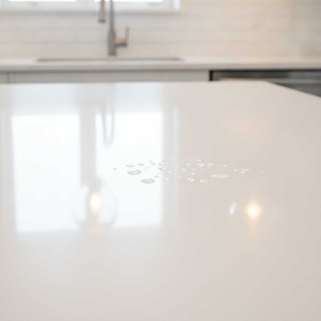 A close-up shot of an immaculate, sparkling clean kitchen surface reflecting the light