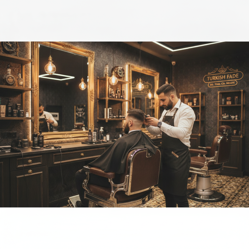 Master Turkish barber performing a precision fade haircut on a client in a luxury dark barbershop with warm ambient lighting and vintage leather chairs in Trim, County Meath