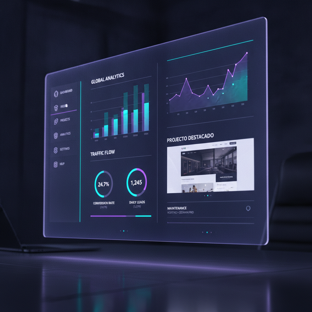 Dark modern web design dashboard mockup with deep near-black backgrounds and vibrant purple accents showcasing sleek professional interface, analytics charts, minimal UI components, and a sophisticated tech-inspired website preview designed by Web Track Finders agency