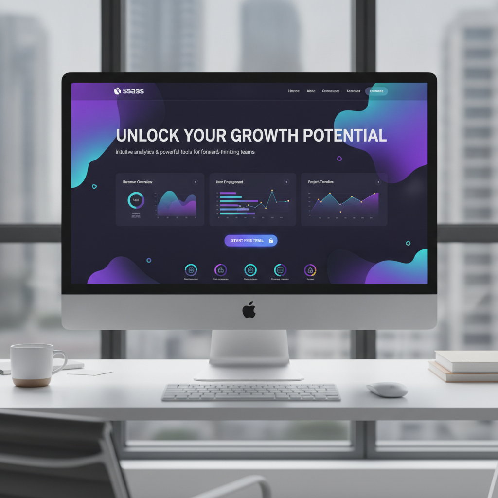Modern SaaS startup landing page with vibrant purple and cyan gradients featuring dashboard mockups and bold typography