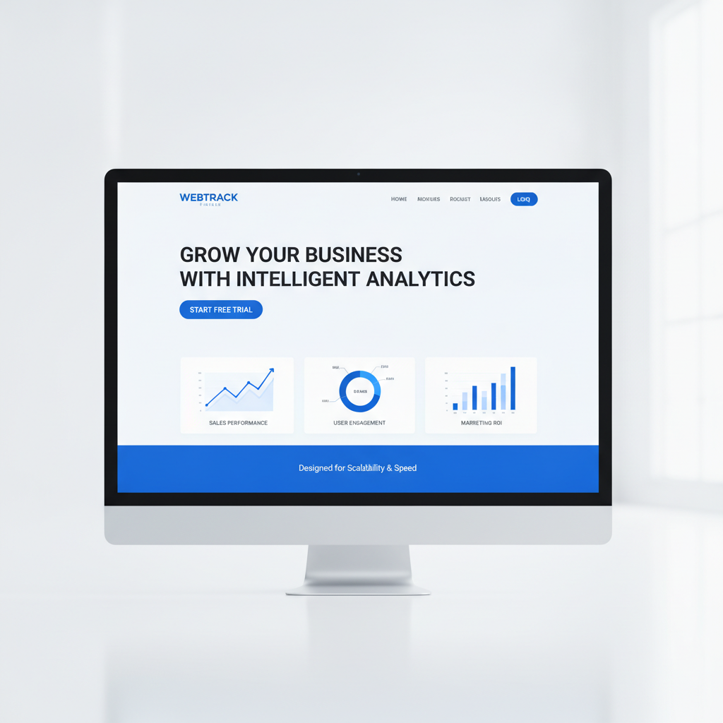 Modern SaaS startup landing page with crisp white background and vibrant blue accents featuring clean dashboard mockups and professional typography