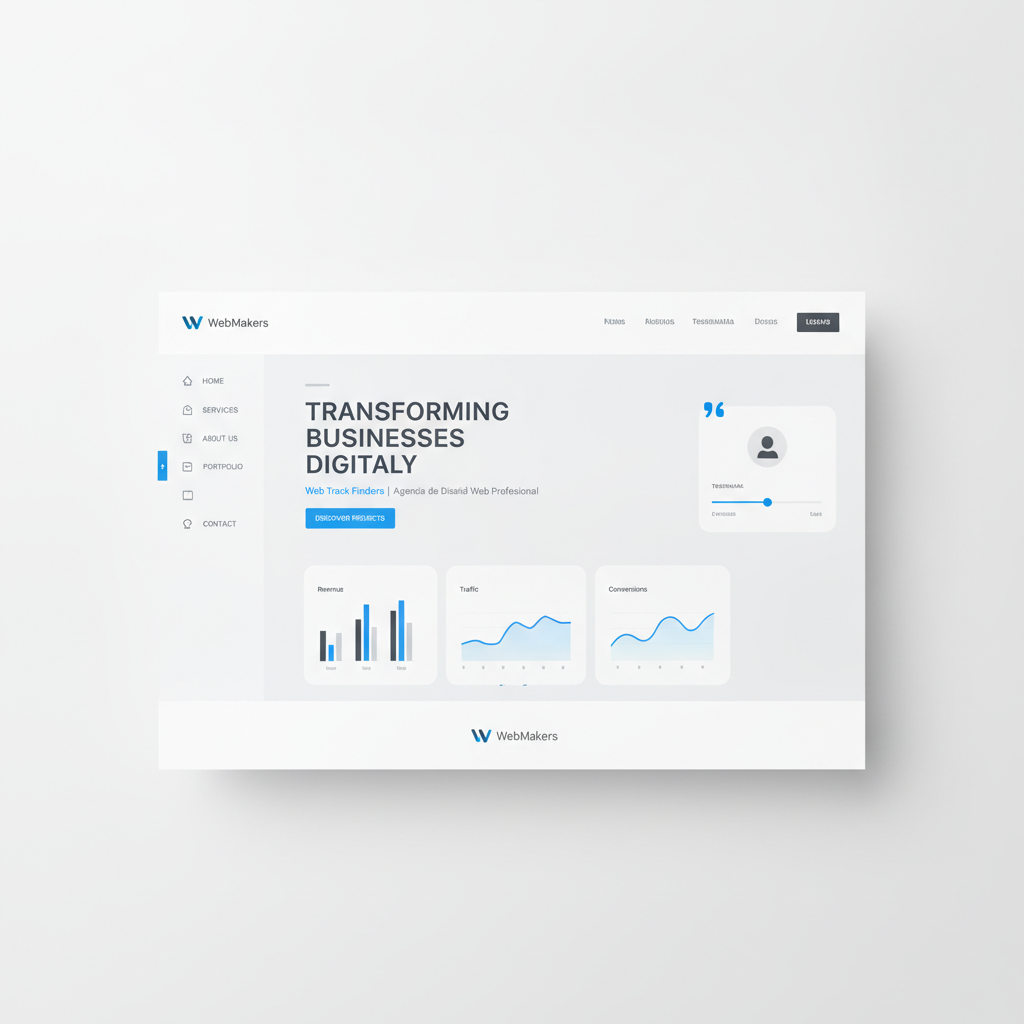 Clean modern web design mockup on white background with slate and blue accents showing professional corporate website interface, dashboard analytics charts, minimal navigation, hero section, and elegant UI components designed by WebMakers agency