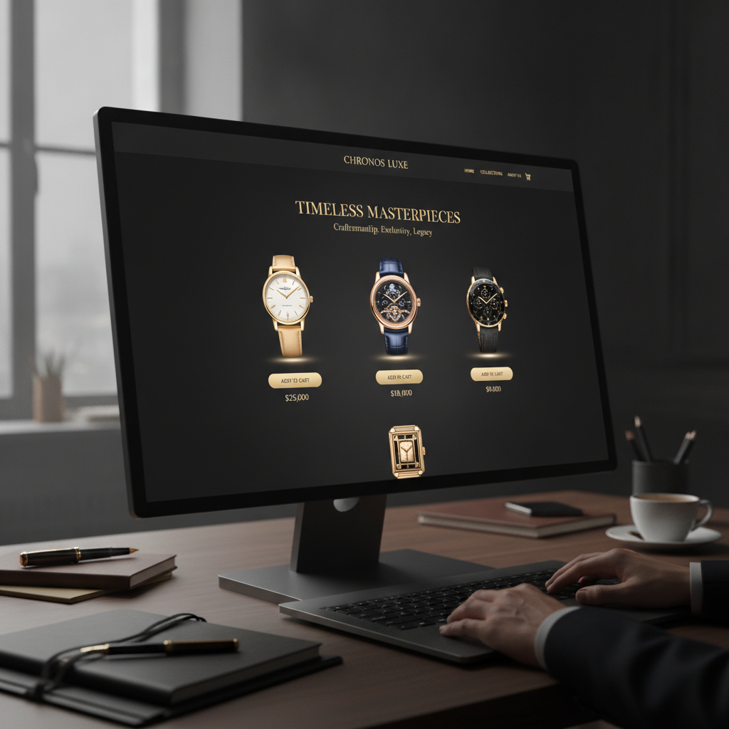 Elegant luxury watch e-commerce website with dark sophisticated theme and gold accents showcasing premium timepieces