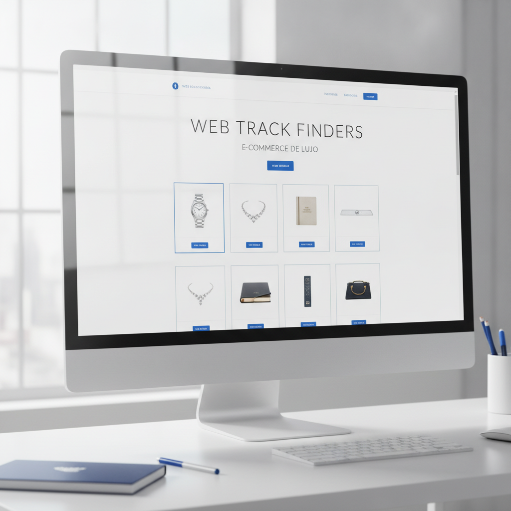 Luxury e-commerce website with clean white background and elegant blue accents showcasing premium products with minimalist product cards