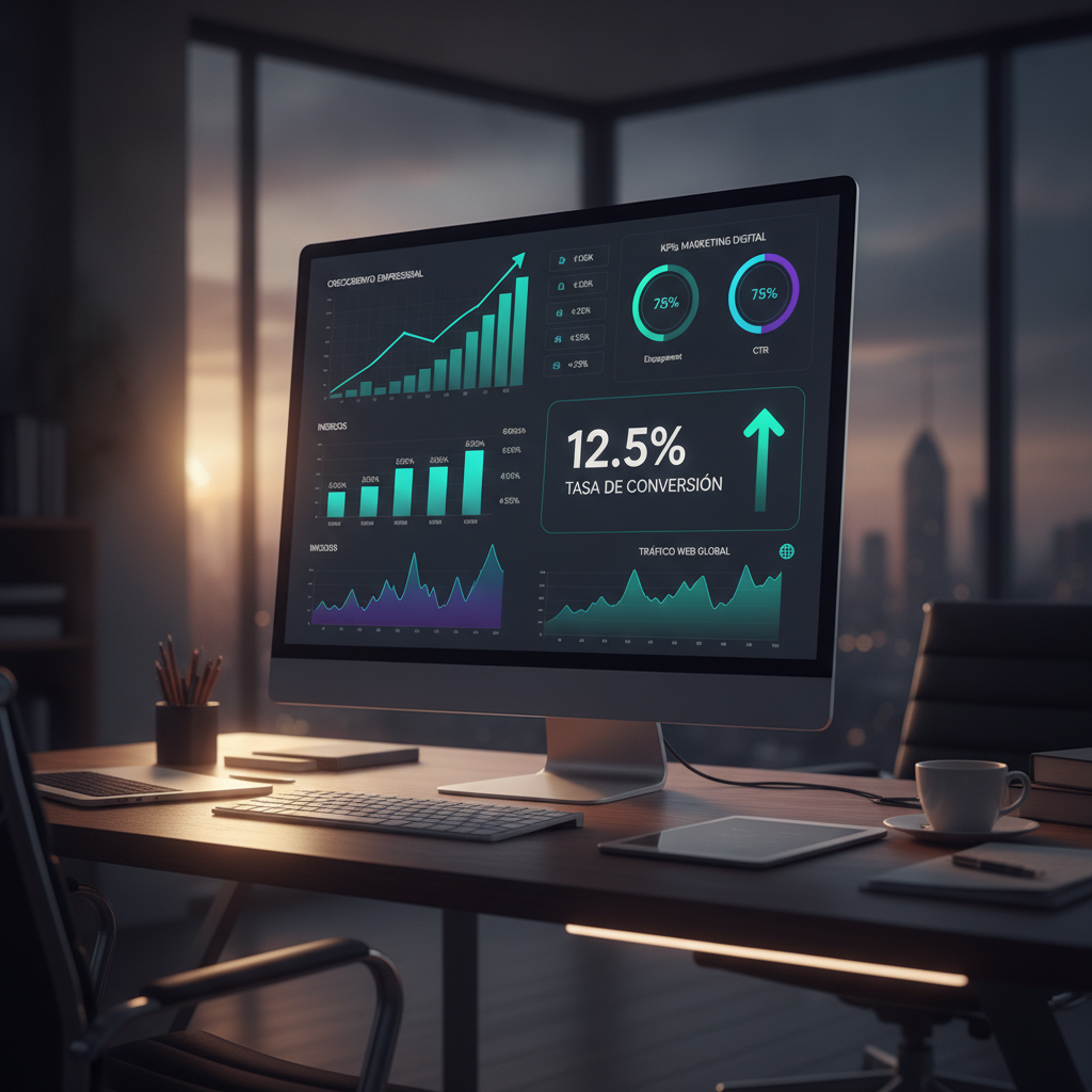 Dashboard de analítica web mostrando gráficos de crecimiento empresarial, métricas de ingresos, KPIs de marketing digital, tasas de conversión y estadísticas de tráfico en ascenso