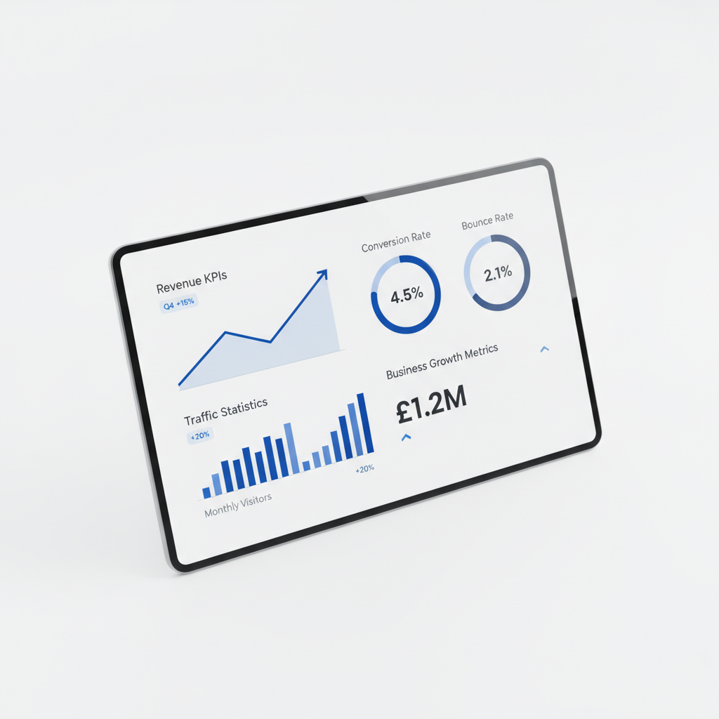 Modern analytics dashboard with clean white background, vibrant blue line and bar charts, slate gray UI accents, displaying business growth metrics, revenue KPIs, conversion rates and ascending traffic statistics