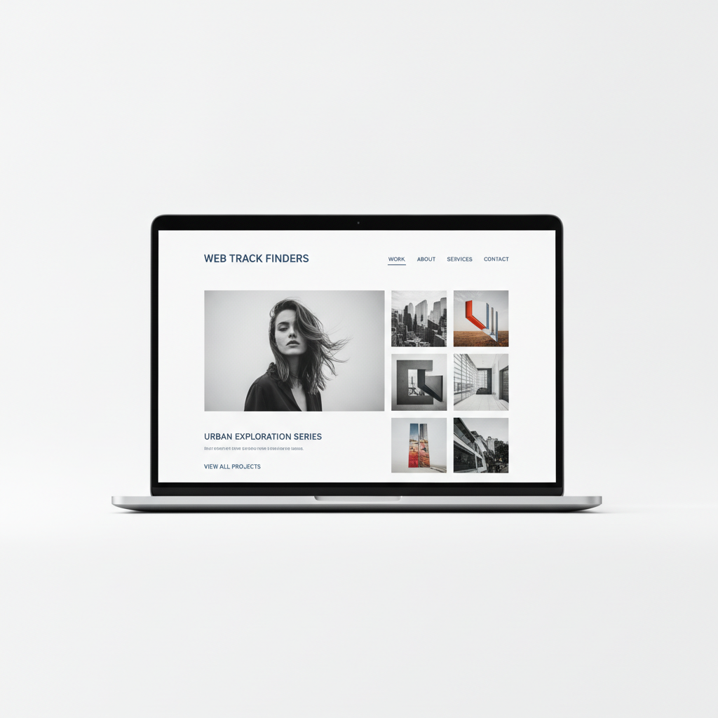 Minimalist creative portfolio website with pristine white background and elegant slate blue typography showcasing editorial photography layout