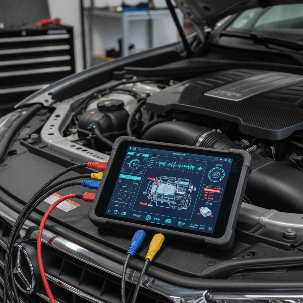 Close-up of advanced automotive diagnostic equipment connected to a vehicle's engine bay
