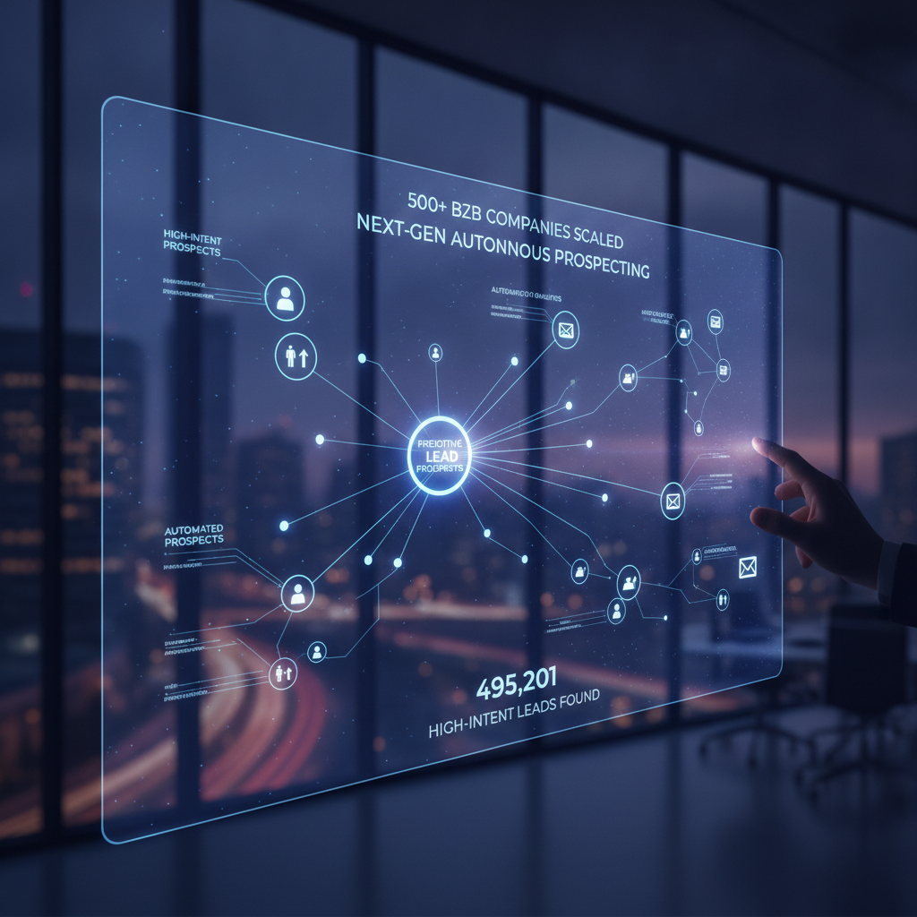 Futuristic AI data visualization showing predictive lead scoring nodes and automated outreach analytics