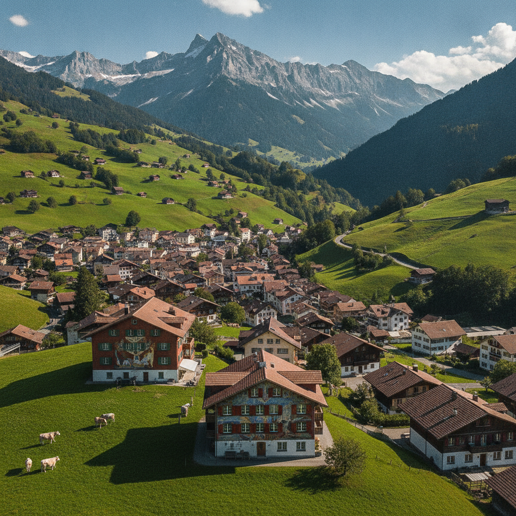 Panoramic aerial view of Appenzell Switzerland with traditional painted houses, rolling green alpine hills and Alpstein mountains in background under blue sky
