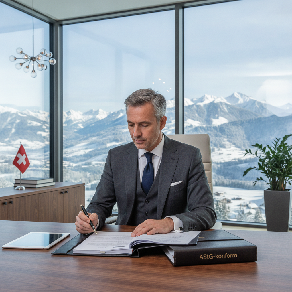 Elegant Swiss business advisor in dark suit reviewing corporate documents in luxurious Appenzell office with Alpine mountain view through large windows
