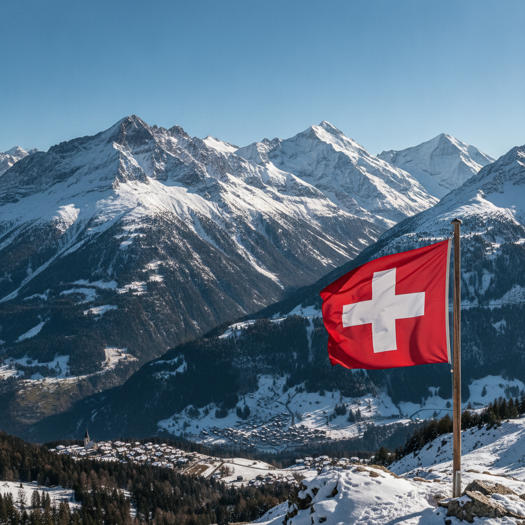 Majestic Swiss Alps panorama with snow capped peaks and Swiss flag flying in mountain landscape