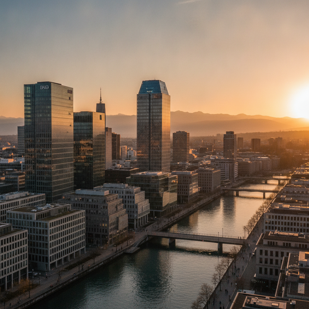 Modern Zurich financial district skyline featuring glass office towers and corporate architecture at golden hour