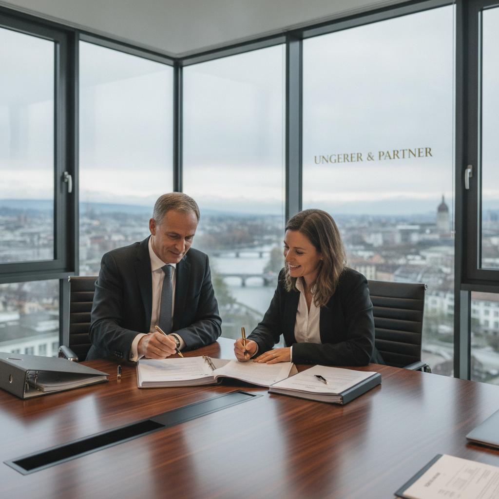 Swiss corporate lawyer and German entrepreneur signing GmbH founding documents at polished wooden conference table in modern Zurich law office