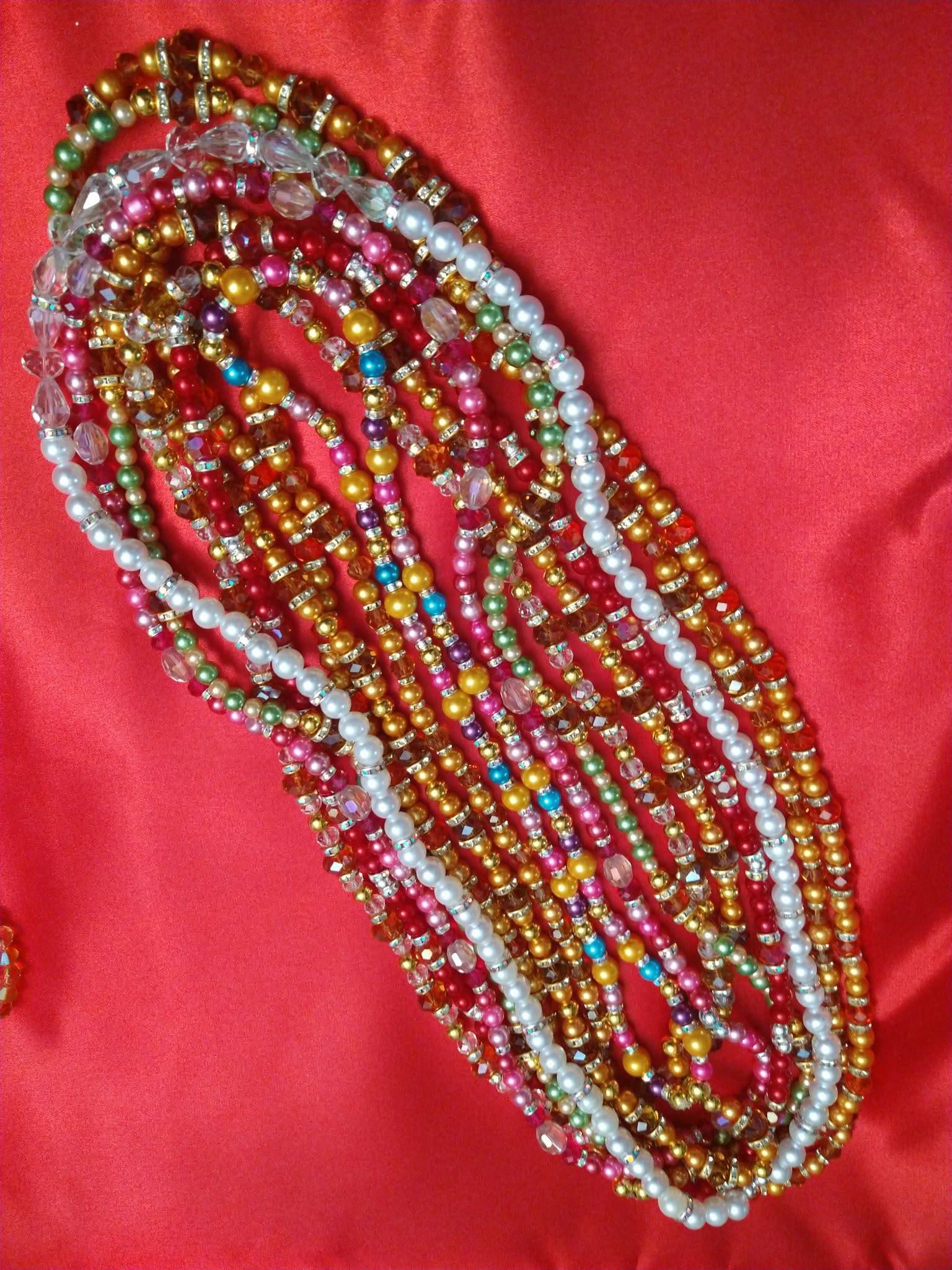 Stunning multi-strand necklace with gold and red beads designed to complement a folklorico costume