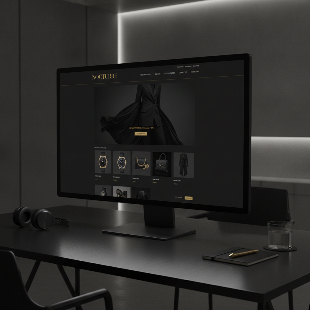 Sleek, dark-themed e-commerce website interface designed for a luxury fashion brand