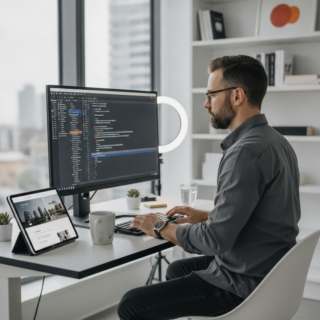 Professional web developer writing clean code for a high-end business website