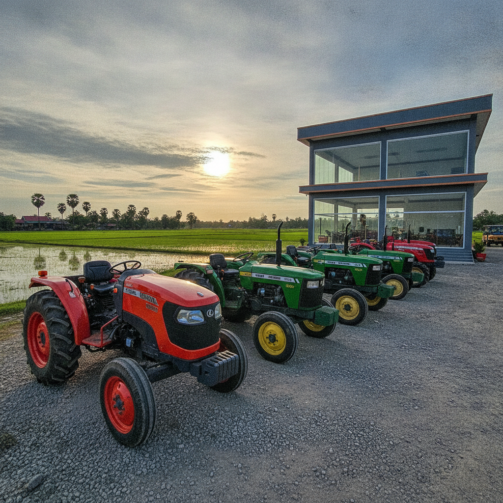 Rugged red Kubota agricultural tractor parked in front of Kim Say tractor dealership in Battambang, Cambodia, with rice fields in the background