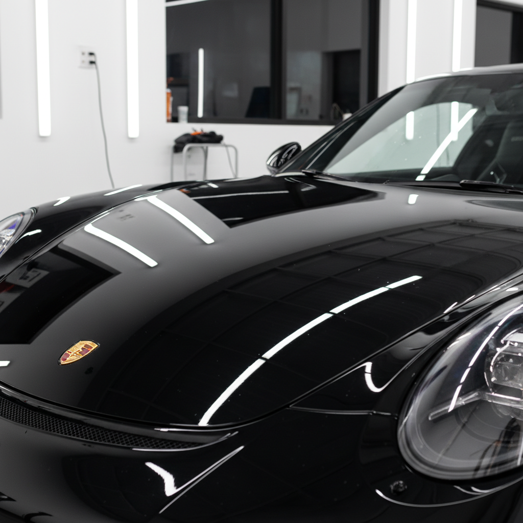 Close up of a luxury car hood showing a flawless, mirror-finish black paint job after paint correction