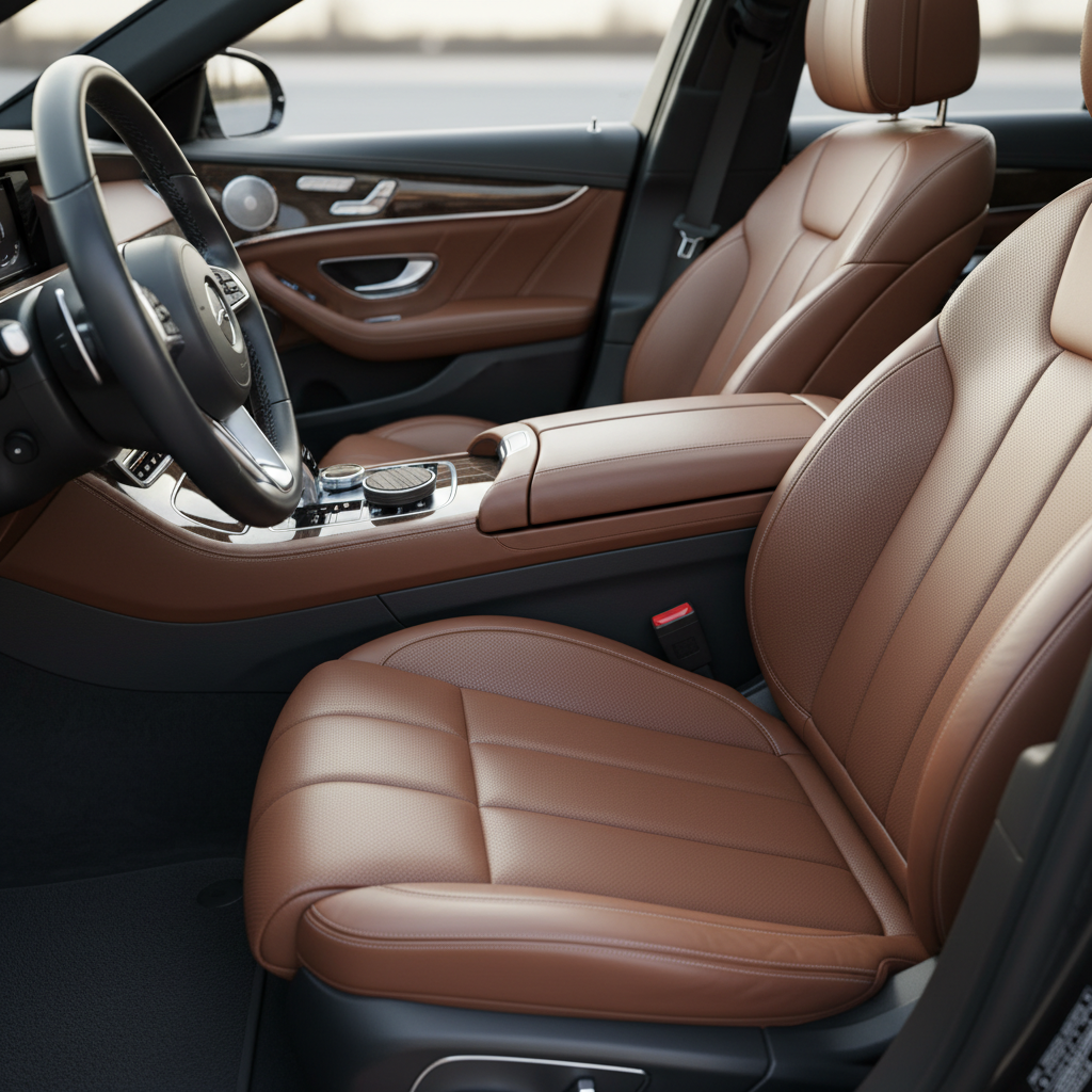 Spotless, premium leather car interior after deep cleaning and restoration