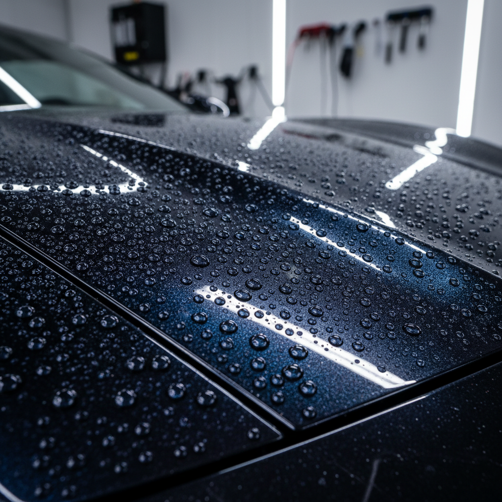 Close up of extreme water beading on a car panel treated with premium ceramic coating