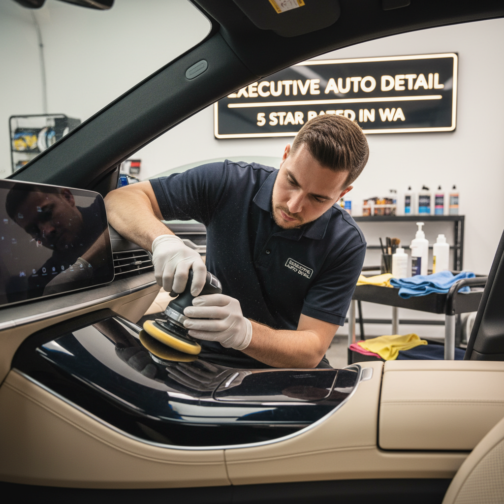 Professional auto detailer meticulously polishing the interior console of a luxury car